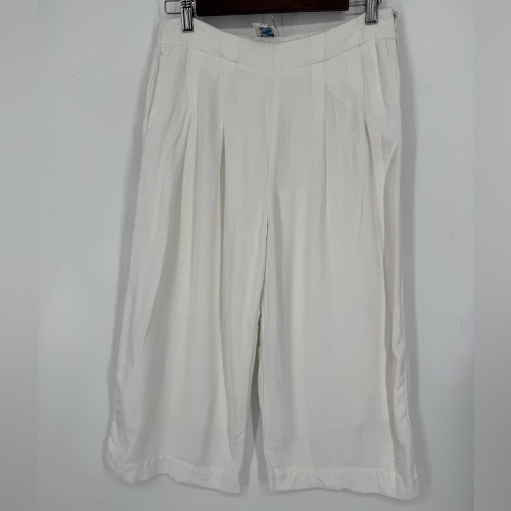 Blue Rain Women's White Wide Leg Cropped Linen Pleated Pants Boho Size Medium